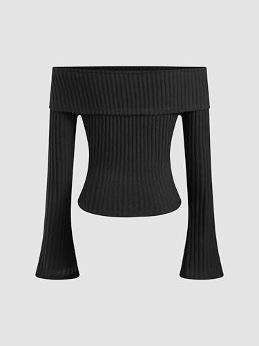 Off The Shoulder Tops for Womens Sexy Long Sleeve Going Out Tops Knit Cropped Top Trendy Slim Fit