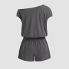 Rompers for Women One Shoulder Drawstring Short Sleeve Asymmetrical Romper Casual Knit Jumpsuit Lounge Sets