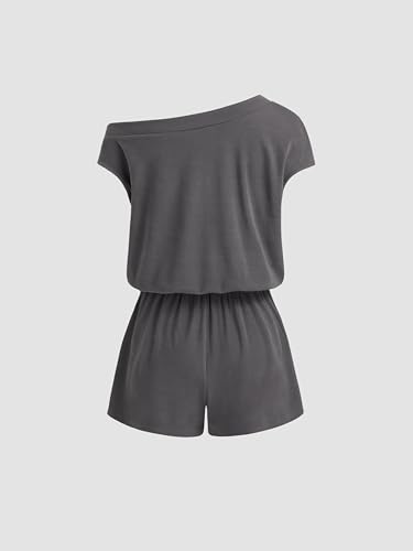 Rompers for Women One Shoulder Drawstring Short Sleeve Asymmetrical Romper Casual Knit Jumpsuit Lounge Sets