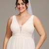Women's V Neck Sleeveless A Line Pleated Tulle Floor Length Bridal Dresses