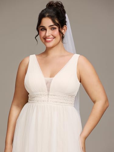 Women's V Neck Sleeveless A Line Pleated Tulle Floor Length Bridal Dresses