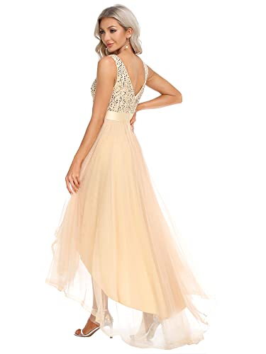 Women's Cocktail Dress Double V-Neck Sleeveless Empire Waist Sequin High Low Tulle Formal Dress 0147A