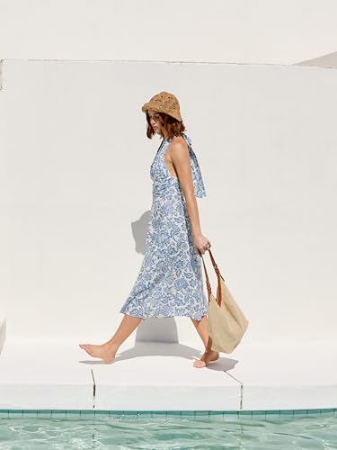Santorini Beach Vacation V-Neck Halter Backless Floral Ruffle Midi Dress