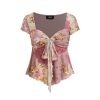 Floral Tops for Women V Neck Short Sleeve Tie Front Summer Tops