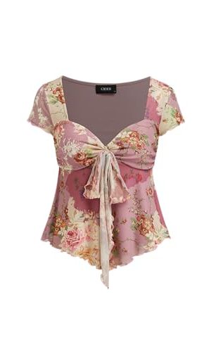 Floral Tops for Women V Neck Short Sleeve Tie Front Summer Tops