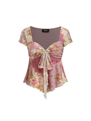 Floral Tops for Women V Neck Short Sleeve Tie Front Summer Tops