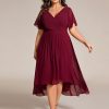 A Line V Neck Chiffon Short Sleeves High Low Knee Length Plus Size Wedding Guest Dresses for Curvy Women 01923-DA