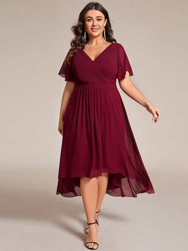 A Line V Neck Chiffon Short Sleeves High Low Knee Length Plus Size Wedding Guest Dresses for Curvy Women 01923-DA