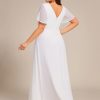 Women's V Neck Chiffon Ruched Ruffles Sleeves Side Slit Floor Length Plus Size Bridesmaid Dresses S0050-DA