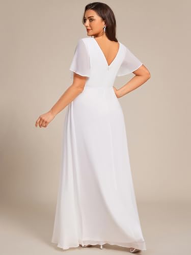 Women's V Neck Chiffon Ruched Ruffles Sleeves Side Slit Floor Length Plus Size Bridesmaid Dresses S0050-DA