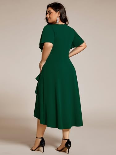 Women's V Neck Pleated Ruffles Sleeves High Low Plus Size Cocktail Dresses 02327-DA