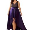 Women's Sleeveless Sequin V-Neck High-Low Satin A-line Summer Plus Size Wedding Guest Dress Formal Gowns 0667-DA