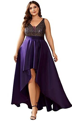 Women's Sleeveless Sequin V-Neck High-Low Satin A-line Summer Plus Size Wedding Guest Dress Formal Gowns 0667-DA