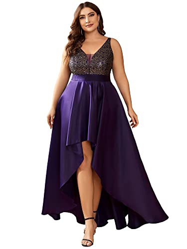 Women's Sleeveless Sequin V-Neck High-Low Satin A-line Summer Plus Size Wedding Guest Dress Formal Gowns 0667-DA
