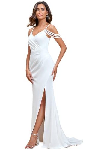 Women's Slit Pearl Chain Cold Shoulder Fishtail Wedding Bridal Gowns Floor‑Length Dress for Bride 01859-PH