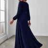 Women's V Neck Long Sleeves Floor Length Ruched Chiffon Formal Dress 00461