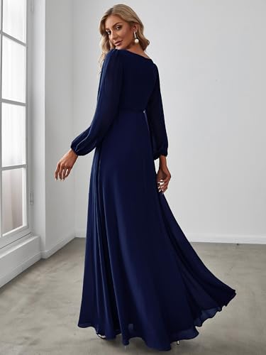 Women's V Neck Long Sleeves Floor Length Ruched Chiffon Formal Dress 00461