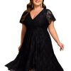 Women's Summer V Neck Short Ruffles Sleeves Lace Midi Plus Size Cocktail Party Formal Dresses