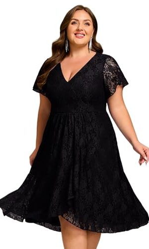 Women's Summer V Neck Short Ruffles Sleeves Lace Midi Plus Size Cocktail Party Formal Dresses