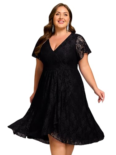 Women's Summer V Neck Short Ruffles Sleeves Lace Midi Plus Size Cocktail Party Formal Dresses