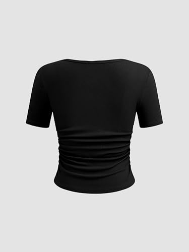 Crop Tops for Women Square Neck Short Sleeve Ruched Fitted Tee Casual Basic Summer Going Out Tops