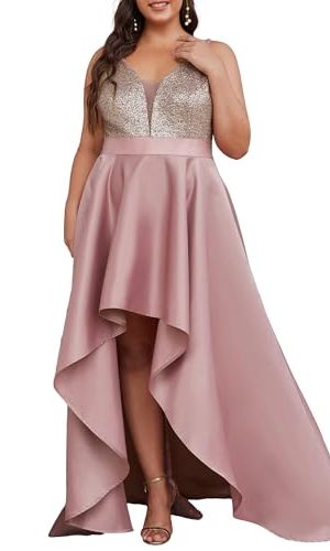 Women's Elegant V Neck Sleeveless High Low A Line Sequin Satin Plus Size Cocktail Formal Dresses