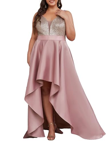 Women's Elegant V Neck Sleeveless High Low A Line Sequin Satin Plus Size Cocktail Formal Dresses