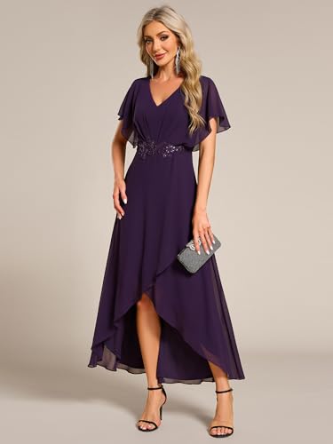 Women's Formal Dress A Line V Neck Applique Waist Tea Length Wedding Guest Dress 02027