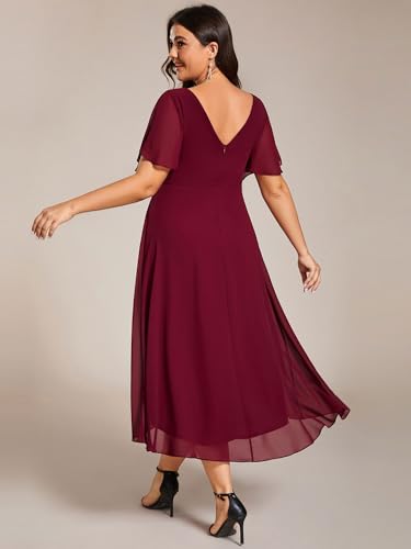 A Line V Neck Chiffon Short Sleeves High Low Knee Length Plus Size Wedding Guest Dresses for Curvy Women 01923-DA