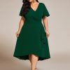 Women's V Neck Pleated Ruffles Sleeves High Low Plus Size Cocktail Dresses 02327-DA