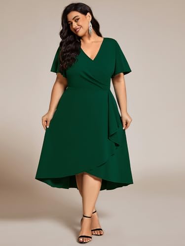 Women's V Neck Pleated Ruffles Sleeves High Low Plus Size Cocktail Dresses 02327-DA