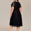 Women's Summer V Neck Short Ruffles Sleeves Lace Midi Plus Size Cocktail Party Formal Dresses