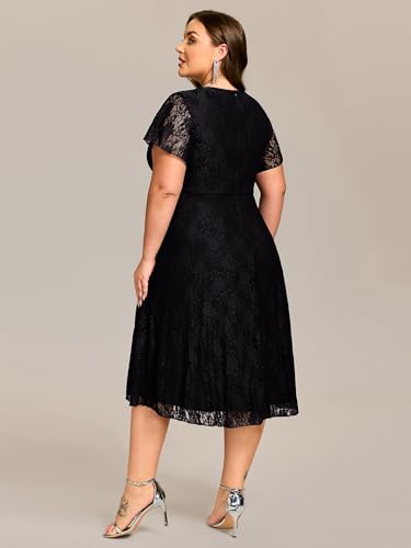 Women's Summer V Neck Short Ruffles Sleeves Lace Midi Plus Size Cocktail Party Formal Dresses