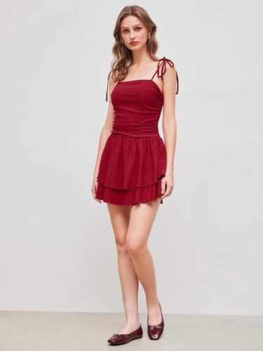 Women's Summer Mini Cocktail Dress Strap Ruched Square Neck Layered Sleeveless A Line Short Dress Trendy