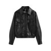 Faux Leather Collar Soild Pocket Jacket Women's Faux Leather Jacket Cool Long Sleeve Outerwear