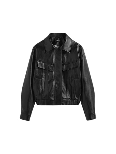 Faux Leather Collar Soild Pocket Jacket Women's Faux Leather Jacket Cool Long Sleeve Outerwear