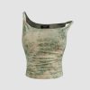 Women's Mesh U Neck Floral Ruched Crop Cami Top