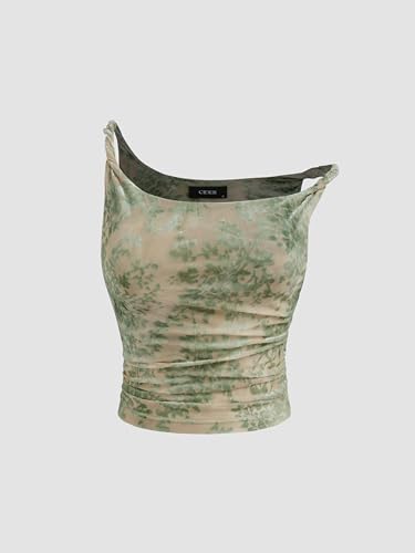 Women's Mesh U Neck Floral Ruched Crop Cami Top