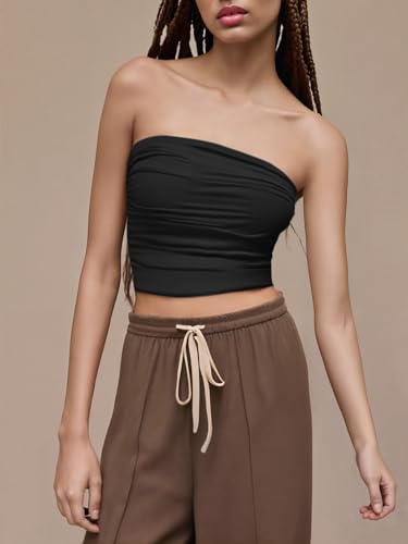 Tube Top for Women Strapless Ruched Sexy Going Out Basic Bandeau Crop Tops Summer Outfits