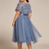 Women's Embroidered Tulle A Line Cocktail Dresses Short Sleeves Midi Plus Size Semi Formal Gowns