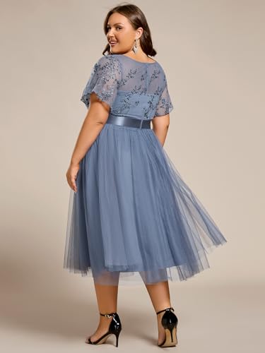 Women's Embroidered Tulle A Line Cocktail Dresses Short Sleeves Midi Plus Size Semi Formal Gowns