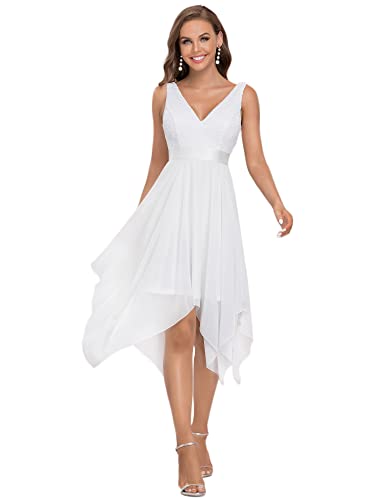 Women's Vintage V Neck Irregular Hem Lace A Line Chiffon Cocktail Dresses 00207
