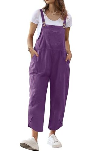 Women Cotton Overalls Casual Loose Adjustable Straps Bib Pants Tulip Hem Baggy Jumpsuits with Pockets PZJ