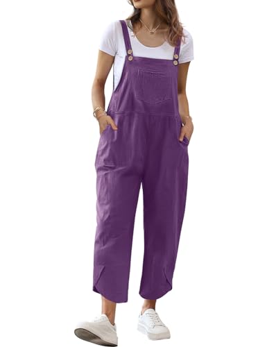 Women Cotton Overalls Casual Loose Adjustable Straps Bib Pants Tulip Hem Baggy Jumpsuits with Pockets PZJ