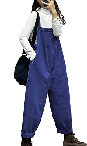 Overalls Women Plus Size Loose Fit Jumpsuits Adjustable Waist Casual Long Bib Pants Cotton Rompers with Pockets PQ1