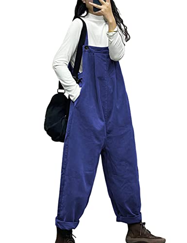 Overalls Women Plus Size Loose Fit Jumpsuits Adjustable Waist Casual Long Bib Pants Cotton Rompers with Pockets PQ1