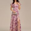 Women's Square Neck Short Sleeves Split Chiffon Floor Length A-Line Maxi Formal Dress 02409