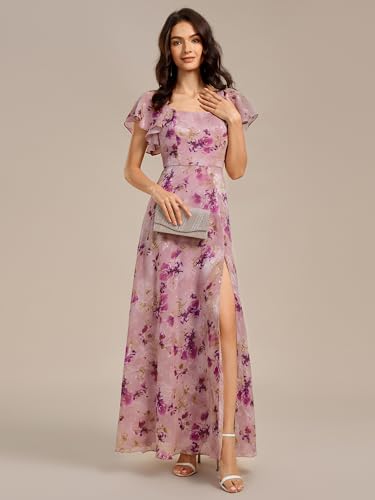 Women's Square Neck Short Sleeves Split Chiffon Floor Length A-Line Maxi Formal Dress 02409