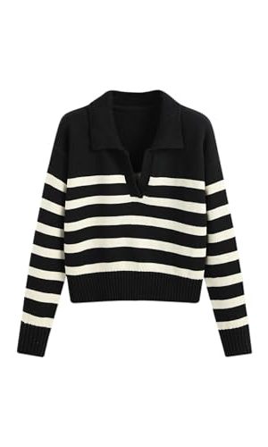 Women’s Polo Sweater Striped Collared Lightweight Long Sleeve V Neck Pullover Fall Sweater Tops 2024