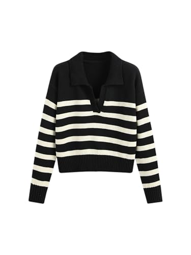 Women’s Polo Sweater Striped Collared Lightweight Long Sleeve V Neck Pullover Fall Sweater Tops 2024